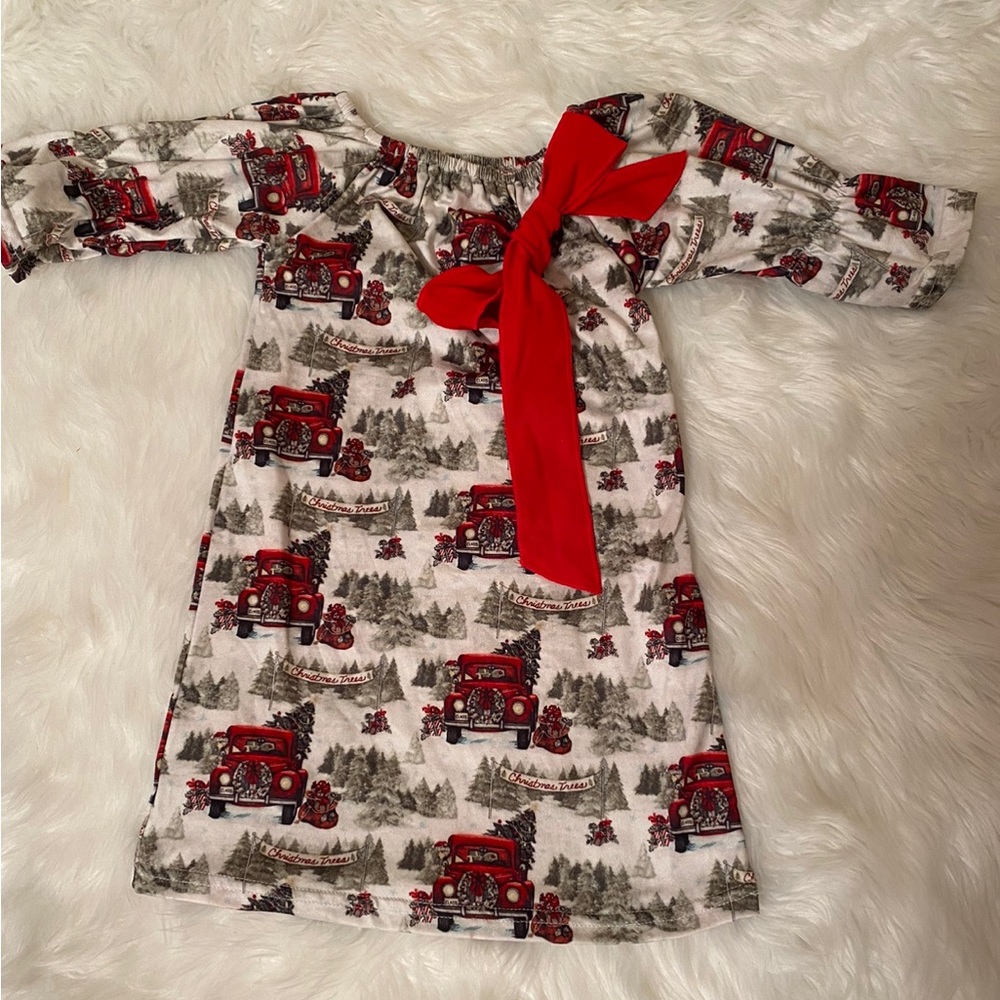 Christmas Tree Truck Girls Dress Red Bow Elastic Collar Plus Sleeves Size 3T NEW